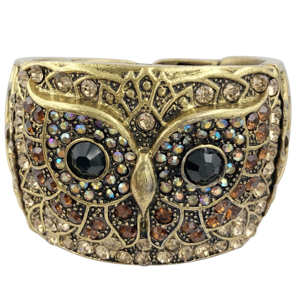 Owl Face Gold Brown Rhinestone Chunky Wide Statement Cuff Bracelet
